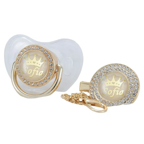 Vista 12 de Juego de Chupete y Clip Personalizado con Cualquier Nombre, Bling Oro Plata, 18 Colores, Libre de BPA, Diseño Único Lujoso, Chupete Ideal para Bebé