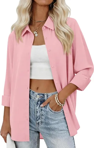 Vista 12 de siliteelon Camisas con botones para mujer, camisas de vestir sólidas, de manga larga, cuello fluido, para trabajo, oficina, negocios, blusas de gasa