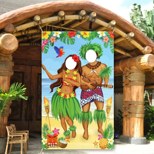 Vista 6 de Frienda Luau - Cartel de fotos para puerta de pareja, decoración de fiesta hawaiana de Tiki Luau, accesorios de fotos de Aloha Tiki para reunirse