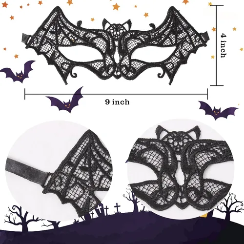 Vista 4 de Poncho de esqueleto de Halloween para mujer, chal de esqueleto de encaje con máscara de murciélago, disfraz de Halloween para mujer