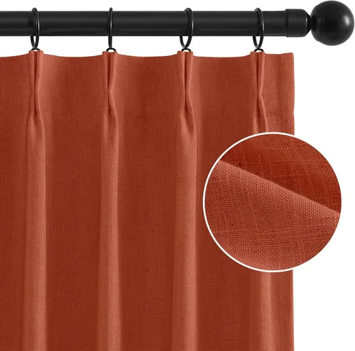Vista 4 de HOMEIDEAS Cortinas plisadas de color naranja quemado 100% opacas, mezcla de lino de lujo con aislamiento térmico con ganchos ajustables, para sala