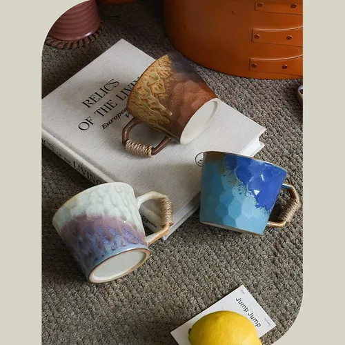 Vista 7 de Taza única de estilo vintage japonés retro primitivo, hecha a mano en cerámica con barniz libre de plomo, taza de té artesanal, cómoda asa, taza