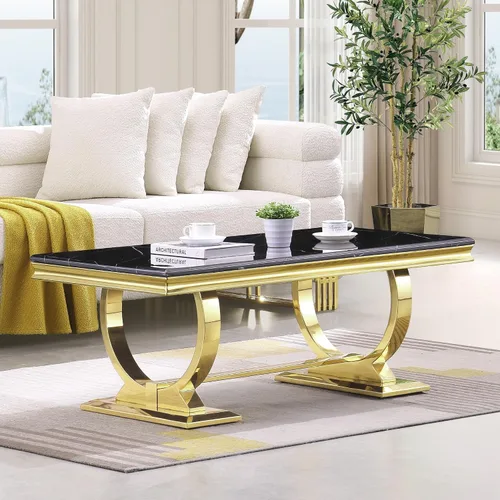 Vista 11 de Asday Mesa de centro dorada y blanca, mesa de centro rectangular de mármol dorado, mesa central elegante de lujo para sala de estar, pasillo