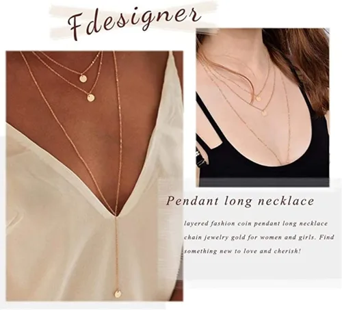 Vista 4 de Fdesigner Collar largo en capas de moda con colgante de moneda, collares de cadena con dije, joyería para mujeres y niñas (dorado)
