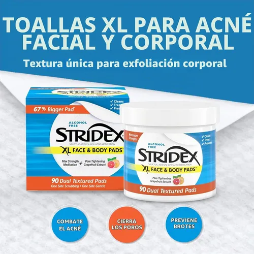 Vista 4 de Stridex Almohadillas faciales XL para el cuerpo, tratamiento exfoliante
