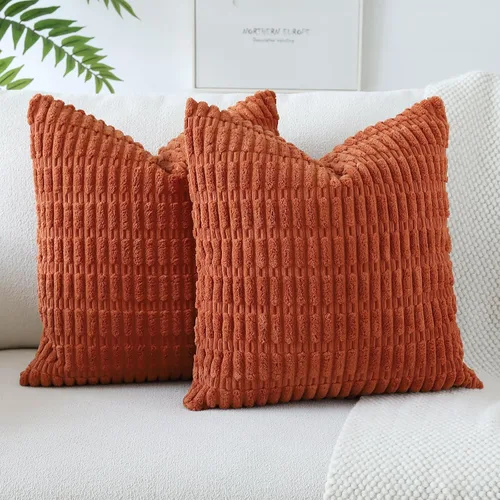 Vista 26 de OTOSTAR - Paquete de 2 fundas de almohada decorativas de pana suave de 18 x 18 pulgadas, funda de cojín a rayas estilo bohemio para sofá, cama, sala