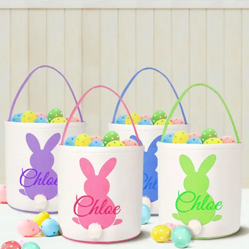 Vista 6 de Cesta de lona de Pascua personalizada con asa, cubo de huevo y conejo, color azul