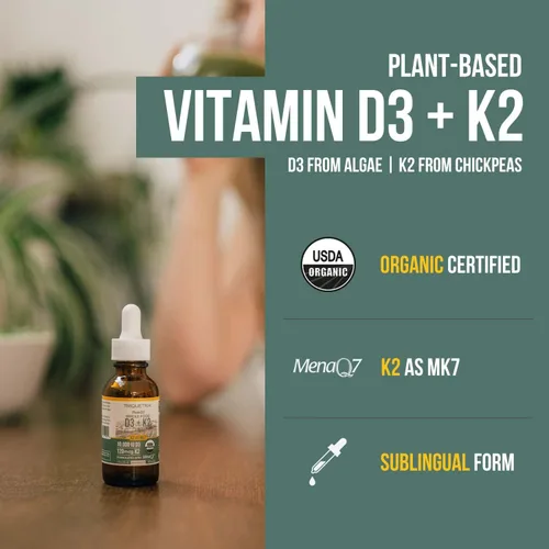 Vista 2 de Vitamina D3 K2 orgánica de plantas 10000 iu - MK7 All-Trans de MenaQ7 (120 mcg K2) - Gotas sublinguales D3 10,000 iu (colecalciferol) 100% orgánicas