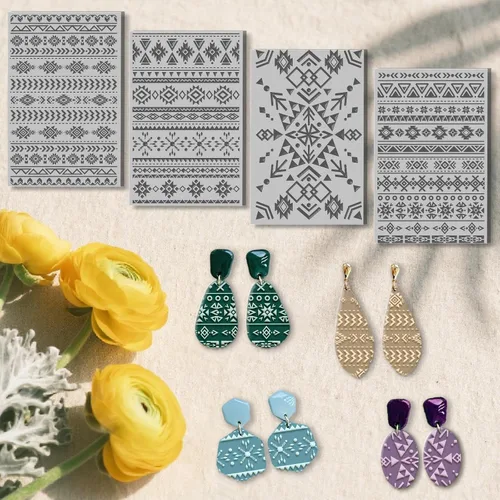 Vista 3 de CHGCRAFT 4 hojas de textura de arcilla con patrón azteca, estilo bohemio, patrón tribal, hojas de textura de arcilla polimérica, herramientas