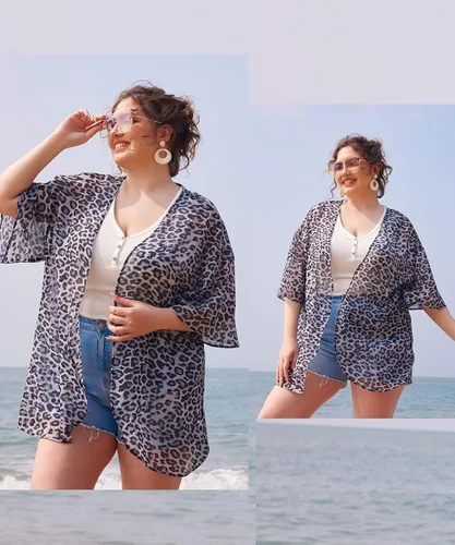 Vista 2 de CARCOS Plus Size Cardigan for Women Solid ColorStarPlaidStriped Open Front Tops XL-5XL