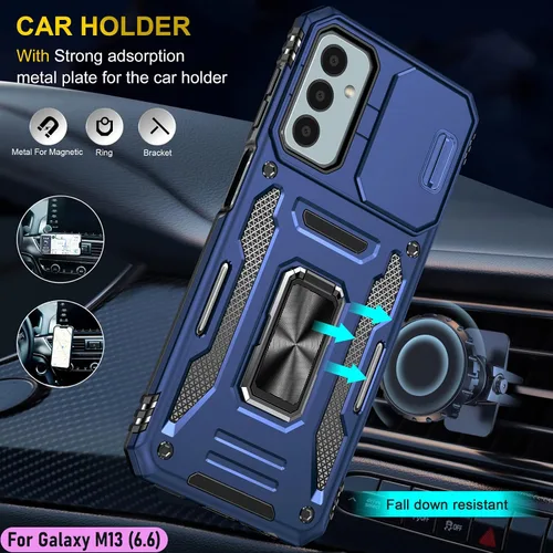 Vista 8 de Funda resistente para Samsung Galaxy M13, protección híbrida de goma de doble capa de grado militar con protector de cámara deslizante, soporte