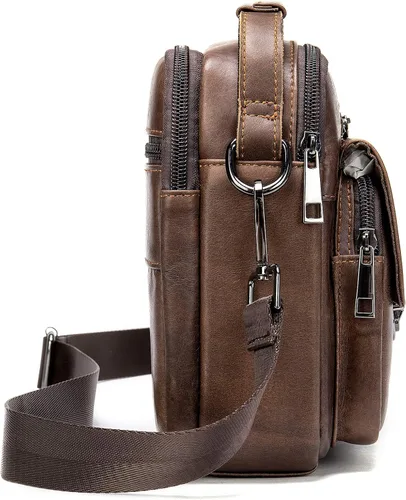 Vista 3 de Monederos y bolsos para hombre, pequeño, mini bolso de hombro de cuero genuino para hombres con muchos bolsillos con cremallera