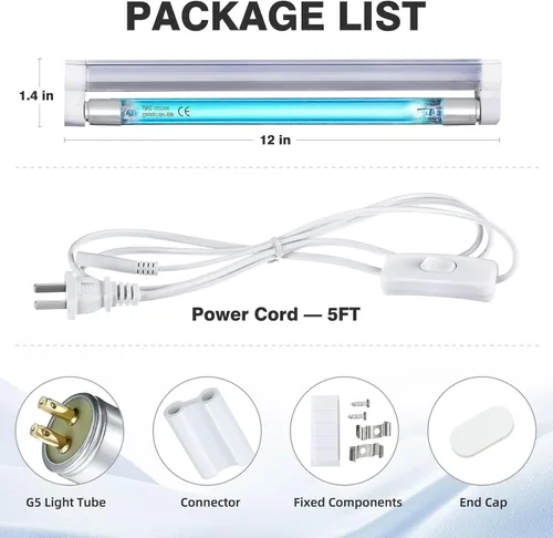 Vista 9 de COOSPIDER Lámpara de luz U/V/C de 6 W, lámpara desinfectante de 253.7 nm con cable de interruptor de encendido/apagado de 5 pies y enchufe, bombilla