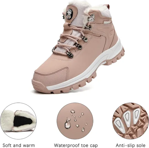 Vista 4 de BEOAPT Botas de senderismo de invierno para hombres y mujeres, cálidas y resistentes al agua, antideslizantes, con forro suave, color negro