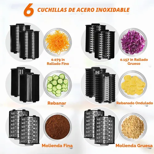 Vista 3 de Rallador de queso eléctrico Anatole de acero inoxidable, triturador de vegetales de 6 cuchillas, 250W, entrada y salida grandes, libre de BPA, 110V