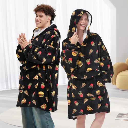 Vista 2 de Fiosnow Sudaderas con capucha de pizza y papas fritas para mujeres y hombres, sudaderas con capucha de tamaño grande para adultos, manta portátil