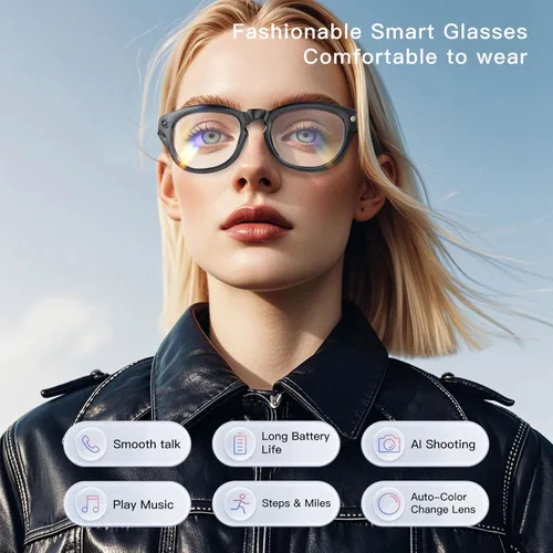 Vista 2 de PUSOKEI Lentes de cámara de 2 MP, lentes inteligentes con traductor AI con aplicación, gafas de sol de audio con cámara, traducción de 11 idiomas