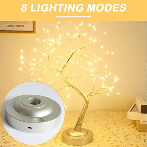 Vista 5 de Árbol de luces de hadas con 108 luces LED parpadeantes, árbol de hadas, lámpara de árbol de espíritu, funciona con batería/USB, función