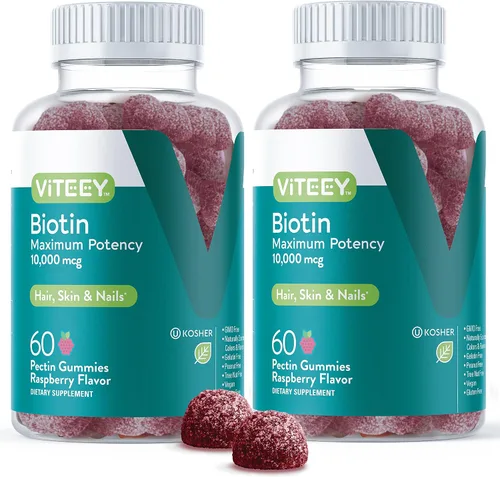 Vista 7 de Viteey Gomitas de biotina - 10,000 mcg - 60 unidades Gomitas de biotina para el crecimiento del cabello para la piel y las uñas, veganas, sin