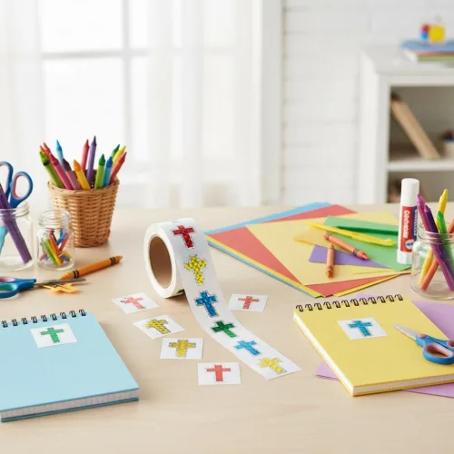 Vista 5 de Pegatinas de cruz de prisma – Rollo de 100 calcomanías – Iglesia, escuela dominical, VBS 2026 y suministros religiosos papelería