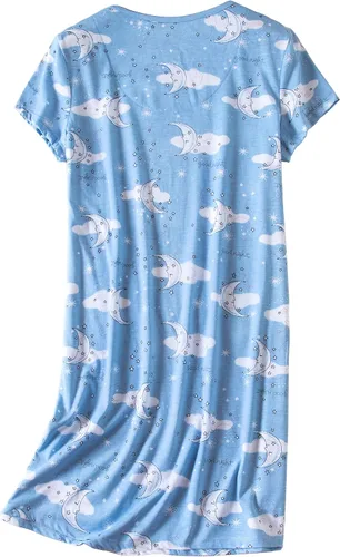 Vista 2 de Inadays Camisón de algodón para mujer, ropa de dormir de manga corta, camisón casual con estampado, pijama holgado y cómodo