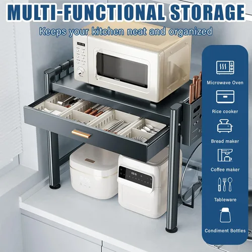 Vista 5 de Estante ajustable para horno de microondas, estante de microondas con cajones, estante de 2 niveles con soporte para tablas de cortar para estantes