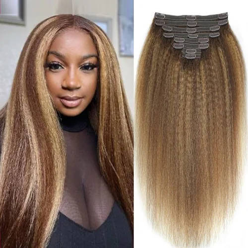 Vista 9 de Extensiones de cabello humano real rizado con clip, 4/27/4, ombré, rizado con clip, para mujer, 3C y 4A (12 pulgadas, #4/27/4)