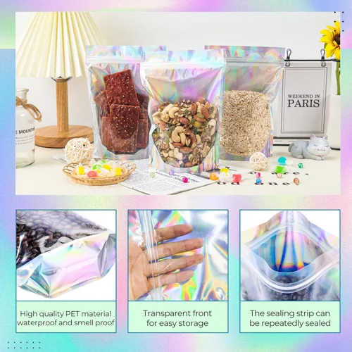 Vista 4 de NPLUX - Bolsas holográficas de Mylar resellables para embalaje y más, bolsas resellables para pequeñas empresas (paquete de 50, 5.5 x 8 pulgadas)