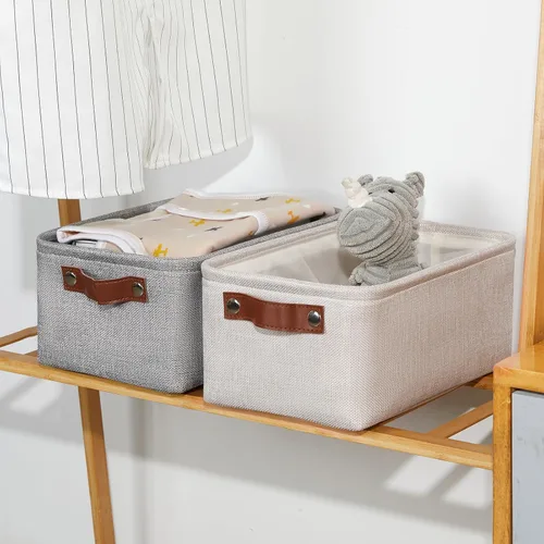 Vista 6 de DULLEMELO Cesta de almacenamiento pequeña para estantes, pequeña cesta plegable de tela rectangular para estantes, armarios, guardería, hogar Beige