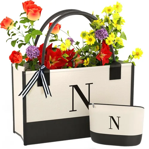 Vista 22 de Monogrammed Canvas Tote Bag with Zipper Pockets - Ideal Gift for Mom, Teacher, Sister