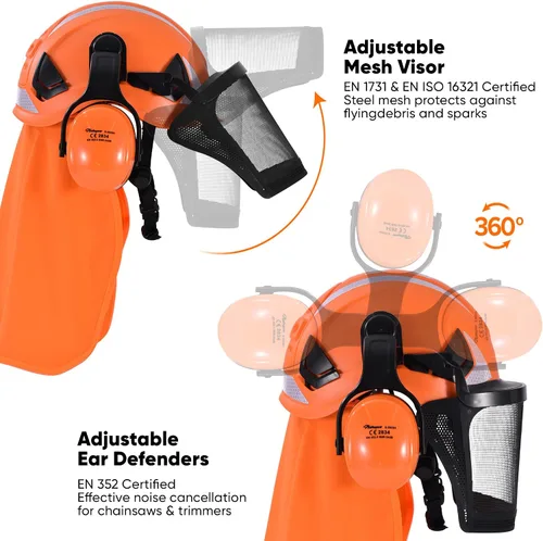 Vista 3 de Safeyear Casco de motosierra con protector facial y orejeras, casco forestal certificado ANSI con correa para la barbilla, visera de malla