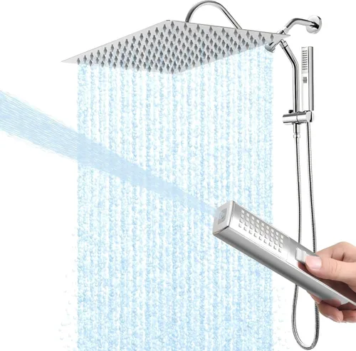 Vista 8 de Cabezal de ducha de lluvia, cabezal de ducha rectangular de 12 x 8 pulgadas con rociador de mano, juego de cabezal de ducha doble con barra