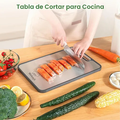 Vista 2 de Tablas de cortar de acero inoxidable para cocina, tabla de cortar 2 en 1 no tóxica de doble cara, tablas de cortar de grado alimenticio para carne
