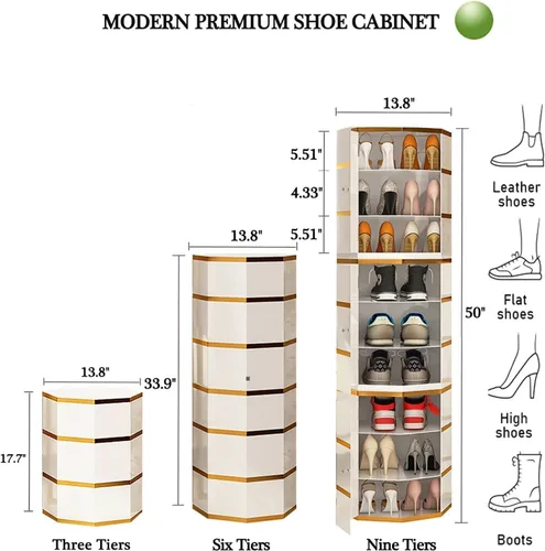 Vista 3 de Estantes Zapatero Zapatero 360° giratorio 3/6/9 niveles Gabinete de zapatos de metal con puertas de adsorción Estante redondo giratorio para zapatos