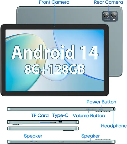 Vista 7 de Tablet Android de 10.1 pulgadas, tabletas Android 14 con 128GB+8 (4+4 expandir) GB, 2.4+5G WiFi Tablet PC con pantalla táctil FHD IPS, cámara dual