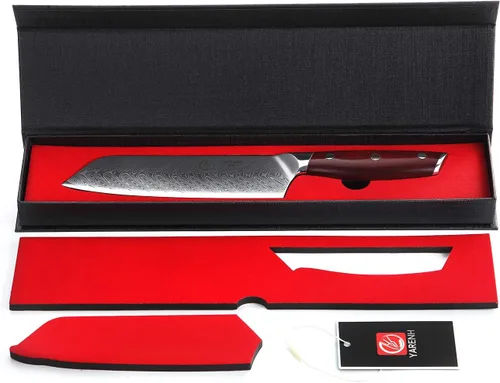 Vista 2 de YARENH Santoku - Cuchillo de chef de acero Damasco de 7 pulgadas, 67 capas, afilado de larga duración, resistente al óxido, cuchillo de cocina