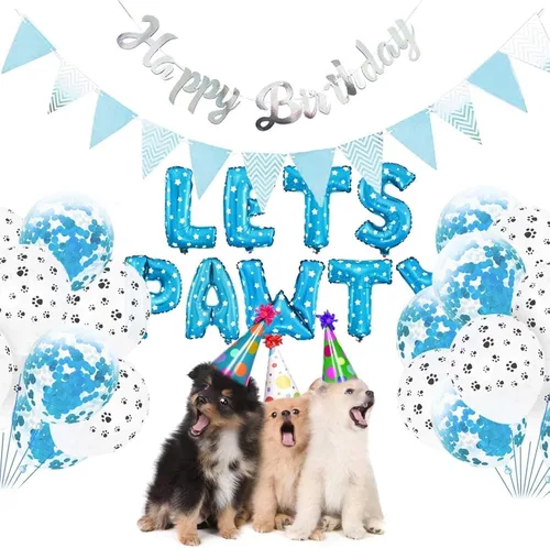 Vista 3 de Suministros para fiesta de cumpleaños de perro y gato, globos con estampado de patas, globos de lentejuelas, pancarta de feliz cumpleaños Azul