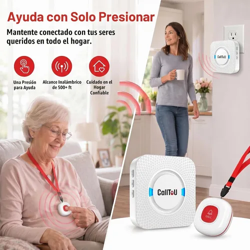 Vista 2 de CallToU Botón de llamada inalámbrico para cuidadores para ancianos en casa, sistema de alerta de enfermera de más de 500 pies para personas