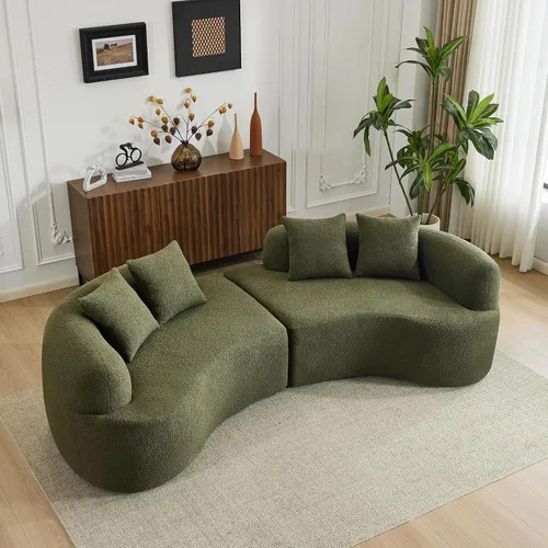 Vista 11 de Sofá biplaza curvado moderno de 67 pulgadas, sofá tapizado de terciopelo de peluche, cómodo sofá comprimido con 2 almohadas para espacios pequeños