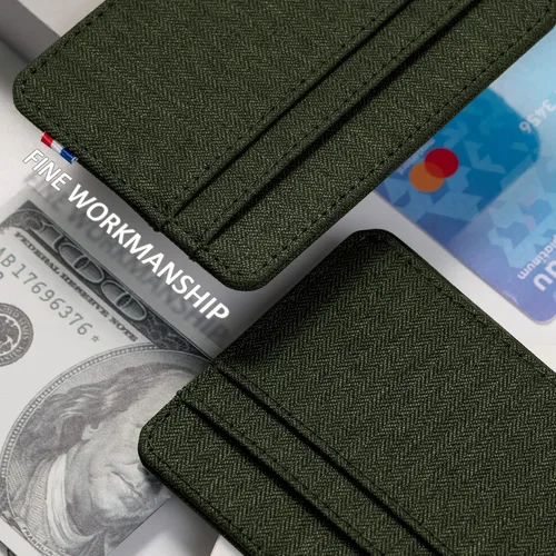 Vista 6 de Qbool Cartera de bolsillo frontal para hombre, delgada, minimalista, con bloqueo RFID, ranura para efectivo, tarjetero, Verde del Z-ejército