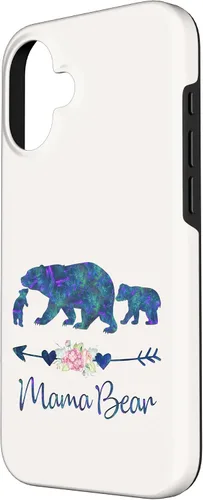 Vista 2 de Teal Blue Purple Floral Mama Bear and Two Cubs White Case for iPhone 16