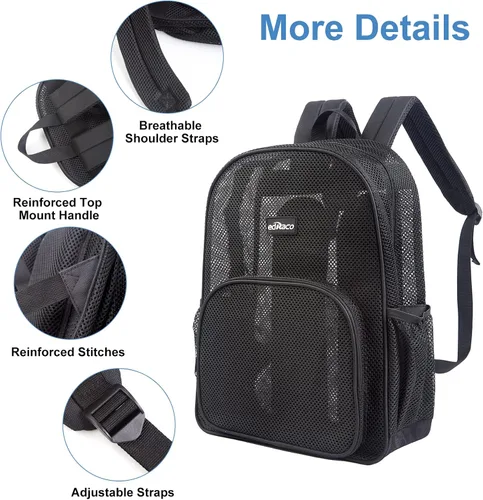 Vista 7 de Edraco Mochila de malla resistente, mochila transparente, bolsa de malla para libros, Negro -, Estilo 2