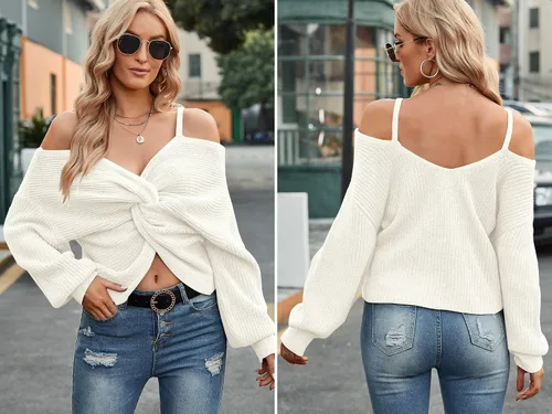 Vista 2 de ZAFUL Womens Criss Cross Sweaters Twisted Back Pullover Knitted Cropped Sweater Jumper