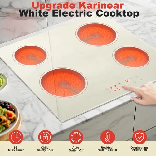 Vista 2 de Karinear Placa de cocina de cerámica beige y blanca de 60 cm, vitrocerámica eléctrica con control táctil, temporizador de 99 minutos, bloqueo