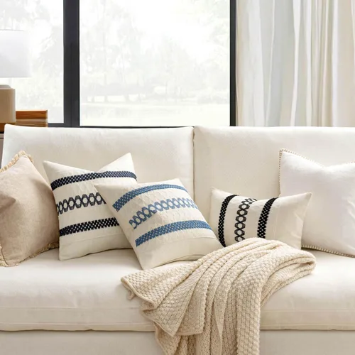 Vista 2 de MIULEE Fundas de almohada lumbares decorativas bohemias, cojín de algodón retro, tejido rustico de macramé para el hogar para cama, sofá, silla, Azul