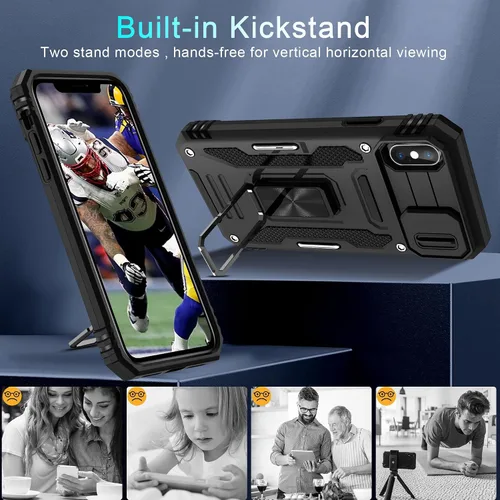 Vista 93 de DEERLAMN Funda para iPhone Xs Max con funda deslizante para cámara + protector de pantalla, soporte giratorio de anillo de grado militar a prueba