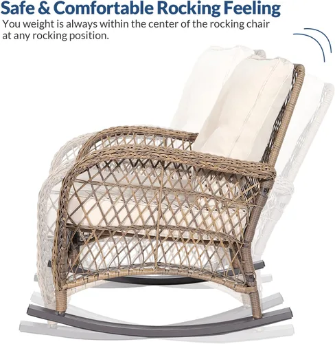 Vista 3 de Mecedora de mimbre para exteriores, silla mecedora de ratán para patio con marco de acero, silla mecedora para césped, muebles de patio, mimbre Beige