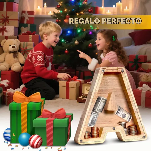 Vista 8 de Alcancía de Madera Personalizada con Letras del Alfabeto, Banco de Monedas con Letras del Alfabeto para Niños, Niñas y Bebés, Tamaño Grande, 26