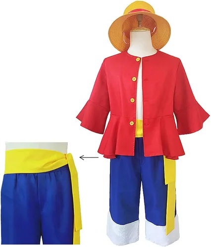 Vista 4 de Yanmao Luffy - Disfraz de cosplay de Luffy, disfraz de sombrero de paja, trajes de anime, fiesta de Halloween, para adultos, hombres y mujeres