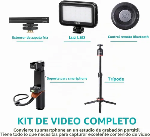 Vista 6 de Movo V8 - Kit de vlogging para iPhone con trípode, agarre, micrófonos, luces LED y vlog remoto inalámbrico, paquete de inicio de YouTube para Apple
